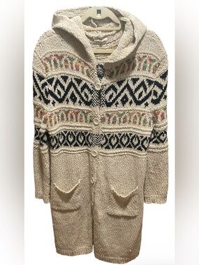 Easel Long Aztec Chunky Cardigan Button Up Hooded Bright Colorful Outdoor S/M